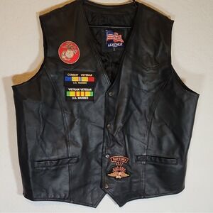 Harley-Davidson Black Leather Vest w/ US Marines Patches Daytona 07
